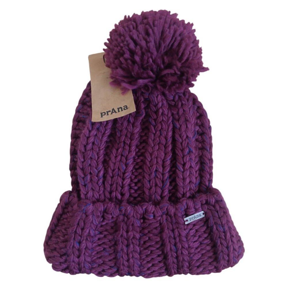 Prana Beanie Winter Hat Pom Pom Purple Snow Crystal New NWT